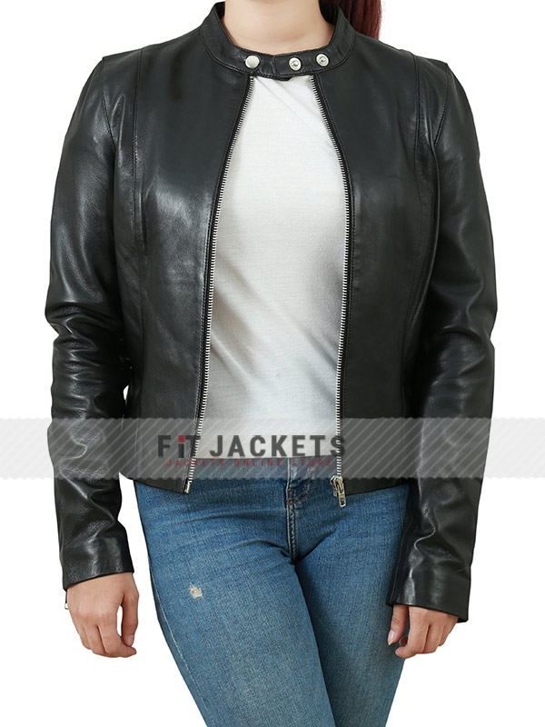 Womens Biker Zipper Black Slim Fit Real Leather Jacket