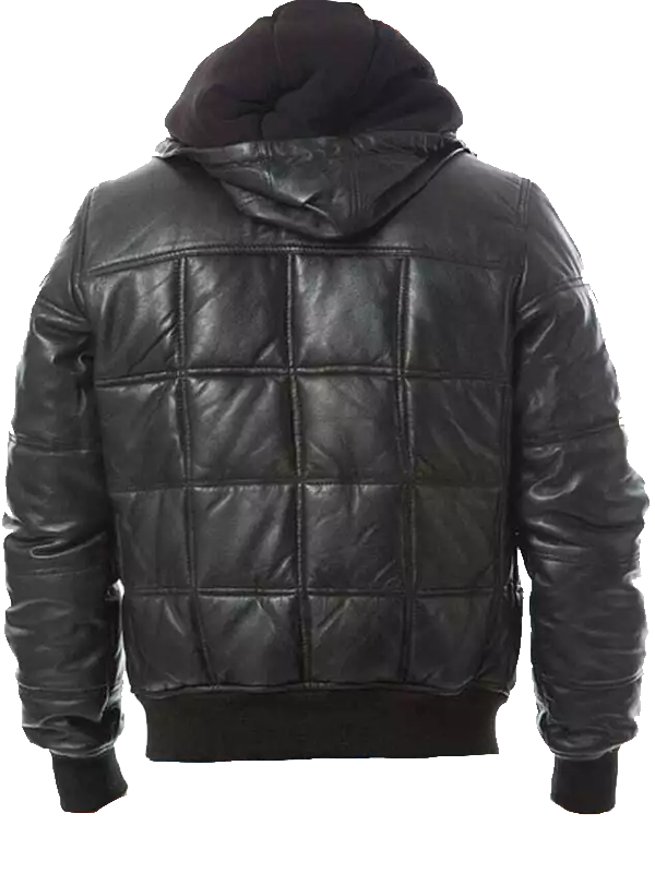 Men Bomber Style Black Quilted Leather Puffer Jacket with Hood