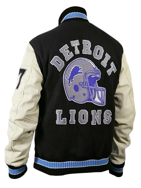 Men Classy Black and White Detroit Lions Varsity Letterman Bomber Jacket