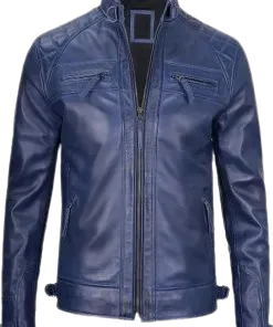 Cafe Racer Quilted Leather Blue Biker Jacket