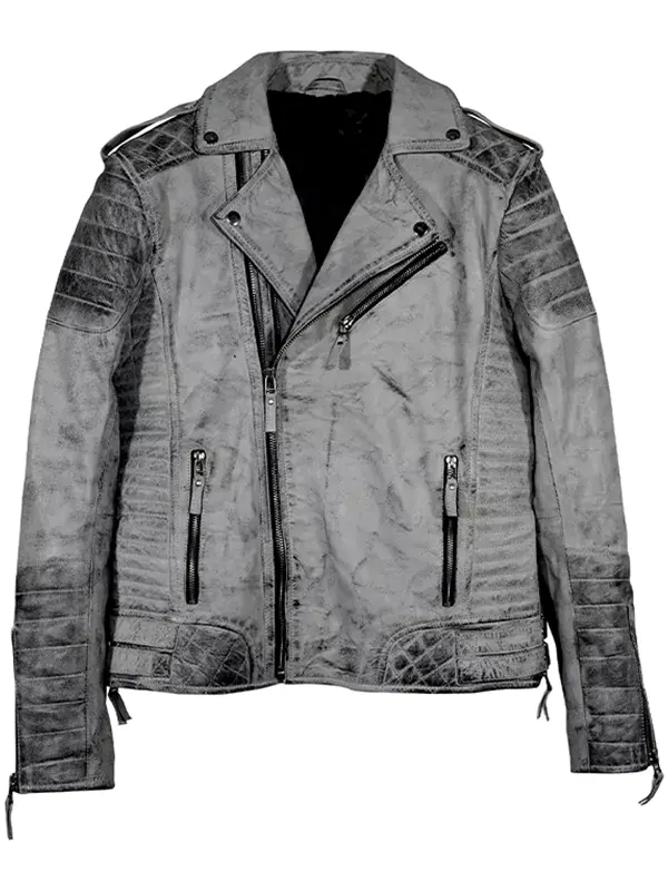 Men Padded Distressed Grey Leather Biker Jacket