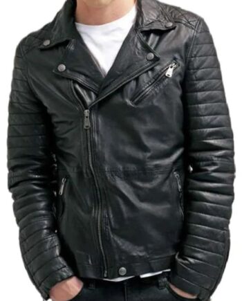 Men Black Quilted Biker Leather Jacket.