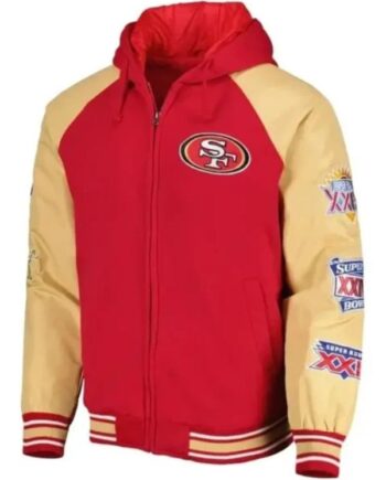 SF 49ers Super Bowl Hooded Varsity Jacket.