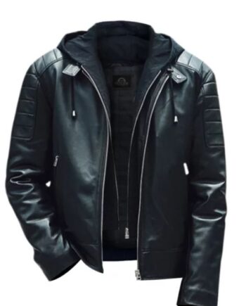 Men Leather Moto Hooded Jacket.