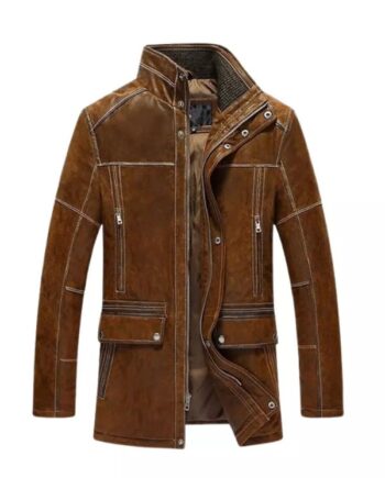 Men’s Vintage Standing Collar Brown Winter Coat.